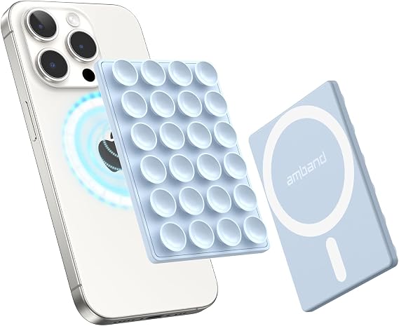 amBand Magnetic Suction Phone Grippy for MagSafe Case, Silicone Cup Sticky Mount for iPhone 18 17 16 15 14 13 Pro Max/Pro/Air/Plus, Hands-Free Selfie/Video for TikTok Creator/Influencer, Light Blue