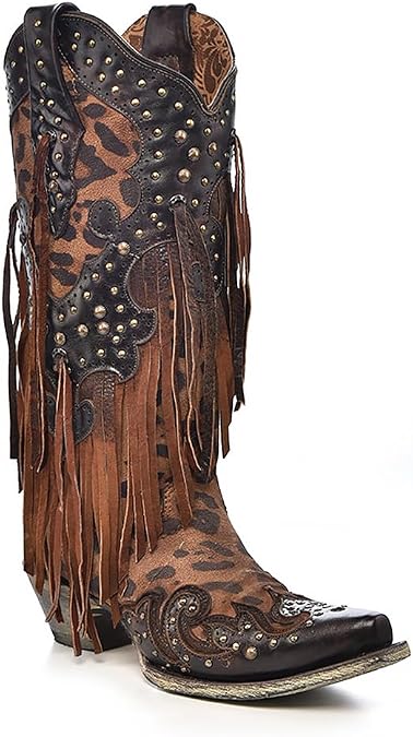 Corral Boots Women's Handcrafted Western Boots | Snip Toe Cowboy Boots with Leopard Print, Fringe and Stud Details