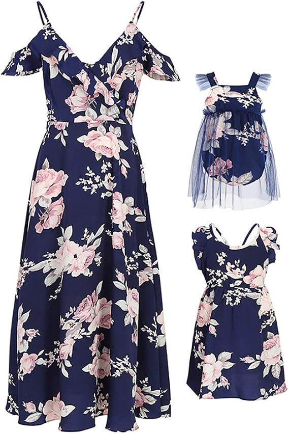 PopReal Mommy and Me Dresses Floral Print Cold Shoulder Ruffle Backless Strap Romper Beach Midi Dress Summer