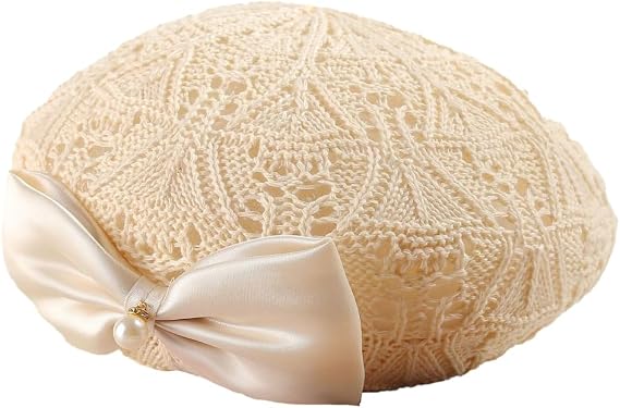 Women Beret Hat Trendy Bow Pearl Woven Beret Summer Hollow Out Hat Slouchy Crochet French Artist Cap Floral Beanie Hat