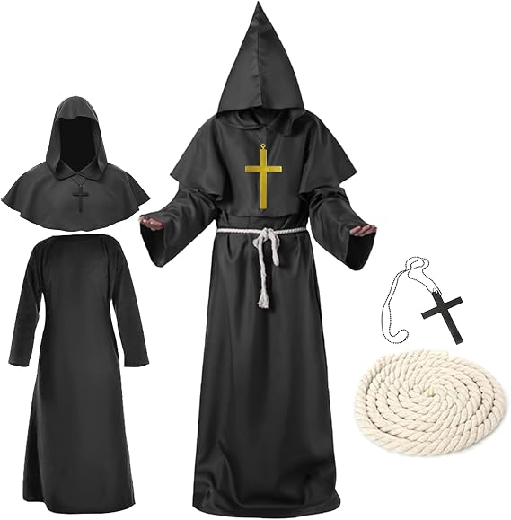 Monk's Costume Priest Costume for Men Robe Medieval Monk Coat Halloween Carnival Fancy Dress Costume with Hood and Rope Belt Halloween Costume Priester kostüm herren Robe Mittelalter Mönch Kutte Halloween Karneval Fasching kostüm herren
