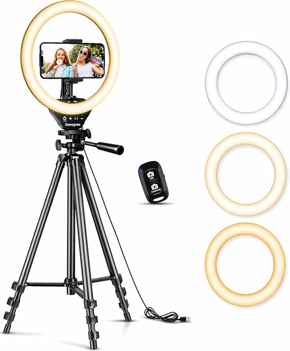 Sensyne Ring Light with Stand, 50" Phone Tripod for iPhone & Android, LED Ring Light with Remote, 3 Color Modes & 10 Brightness Levels for TikTok, Zoom & Video Recording