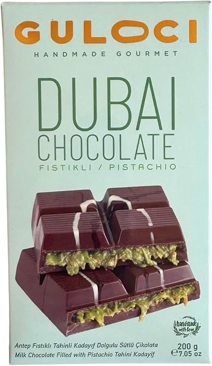 GULOCI Dubai Çikolatası - Antep Fıstıklı Tahinli Kadayıf Dolgulu Sütlü Çikolata - 200 GR