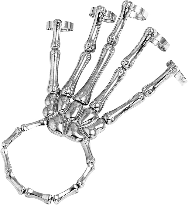 SIQITECHNO Skeleton Hand Bracelet with Ring Halloween Skull Bracelet Claw Bangle Alloy Skull Wristband Cosplay Party 1PC