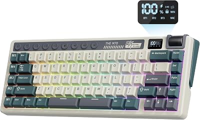 RK ROYAL KLUDGE M70 Wireless Mechanical Keyboard with Macro Keys 2.4GHzBluetoothWired 75% Gaming Keyboard with 6000mAh Battery Gasket-Mount Display & Knob RGB Hot-Swappable Soft Tactile Beige Switch