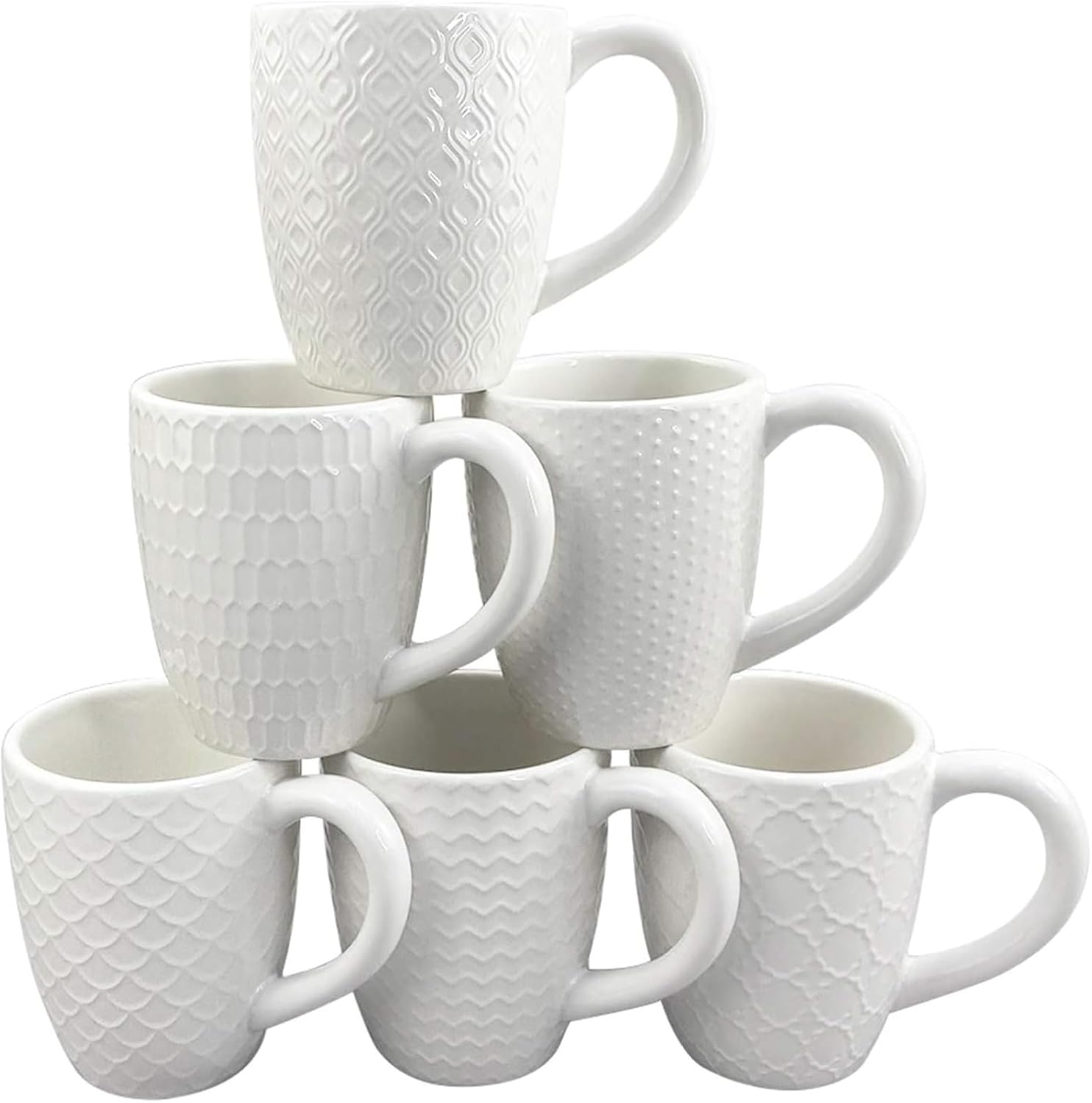 Hoikwo 12oz  380ml Coffee Mugs Set of 6, White Bone China Mugs with Relief Pattern for Coffee, Tea, Latte, Milk, Cocoa, Juice and Other Hot Drinks