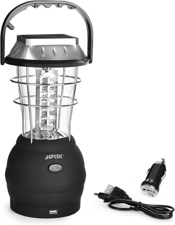 AGPTEK Solar Lantern, 5 Mode Hand Crank Dynamo 36 LED Rechargeable Camping Lantern Emergency Light, Ultra Bright LED Lantern - Car Charge - Camping Gear for Hiking Emergencies Hurricane Outages