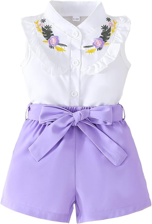 SUREPOCH Baby Girl Clothes Toddler Summer Embroidery Short Shirt Pant Girl Outfit Sleeveless Top Clothes Set