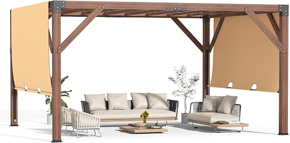 12'X 14' Cedar Wood Pergola, Stylish Outdoor Addition, Retractable Shade Canopy, Durable & Rot Resistant, Versatile Design, for Backyard, Garden, Deck, Outdoor Entertaining