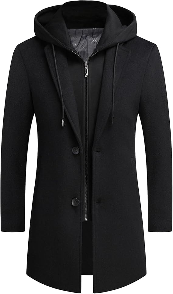 Men's Woollen Long Trench Hoodie Winter Wool Blend Jacket Overcoat Zip Up Top Coat Stylish Warm Pea Coats (Black,Large)