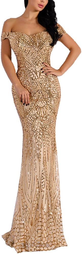 Women's Off Shoulder Sequined Evening Party Maxi Dress for Prom