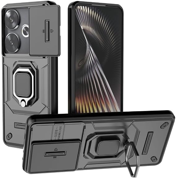 Compatible with Xiaomi Poco F6 5G Bracket Shell,with Slide Camera Lens Cover Compatible with Xiaomi Redmi Turbo 3 5G 24069RA21C 24069PC21G Case Black