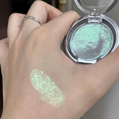 Highlighter Powder Palette Metallic Green Eyeshadow Glitter Eyelid Highlighter Gradient Pearlescent Face Glitter Makeup Individual Eyeshadow Shimmer Shiny Punk Glow Makeup (03# Turquoise)