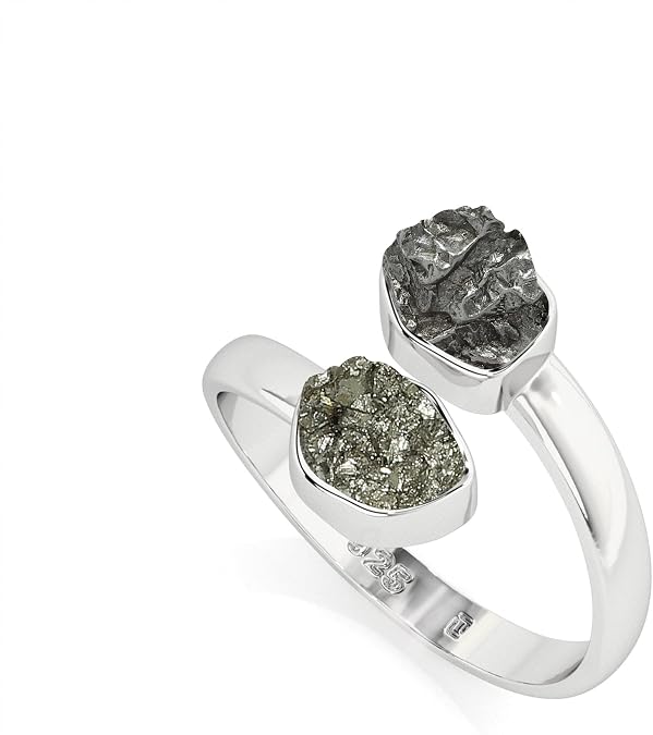Natural Raw/Rough Meteorite & Pyrite 2 Stone Size Adjustable Stackable Twister Ring for Women in Sterling Silver, August Birthstone Jewelry Gifts for Her (Bezel-Set)