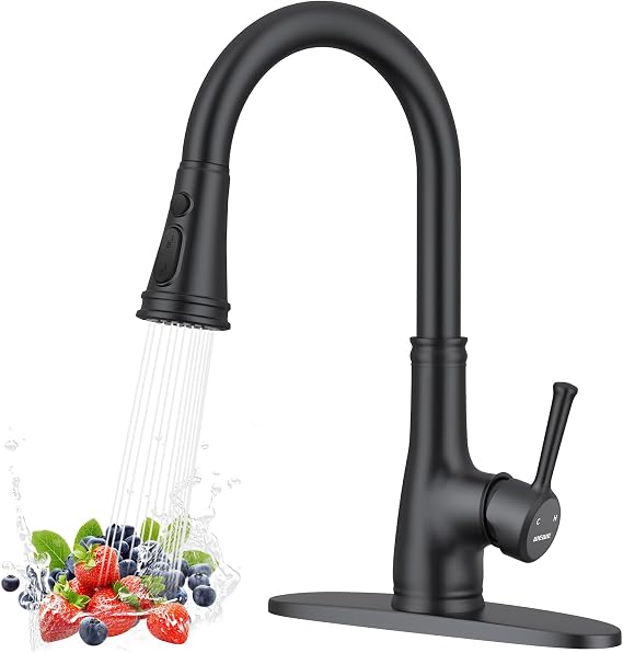 WEWE Vintage Kitchen Faucet, Pull-Down Sprayer, Matte Black, High Arc