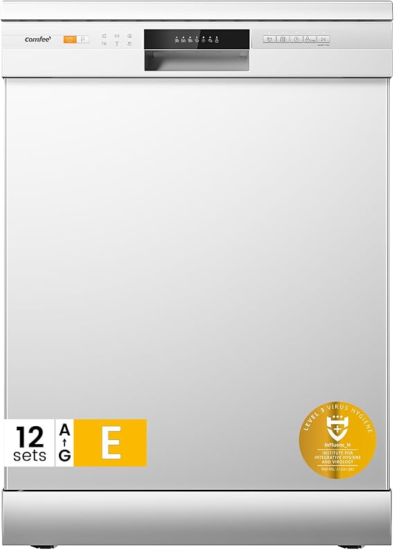 COMFEE' Freestanding Dishwasher CDWPF1201PW-UK 60cm Width, Full Size Dishwasher with 12 place settings, Quick Wash, Hygiene Wash, Delay Start, Half Load - White [Energy Class E]