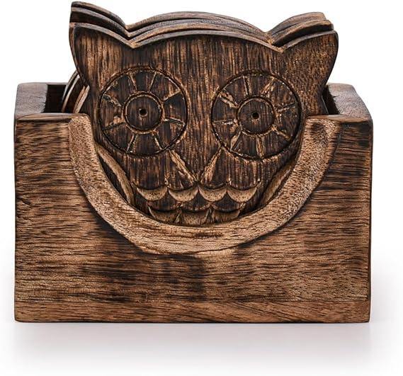 NIRMAN Wooden Crafted Coaster Set of 6 with Coasters Holder for Drink Bar Coaster Tea Coffee Mug Tabletop Barware Drink Handmade Dining Home Decor (Owl Shape)