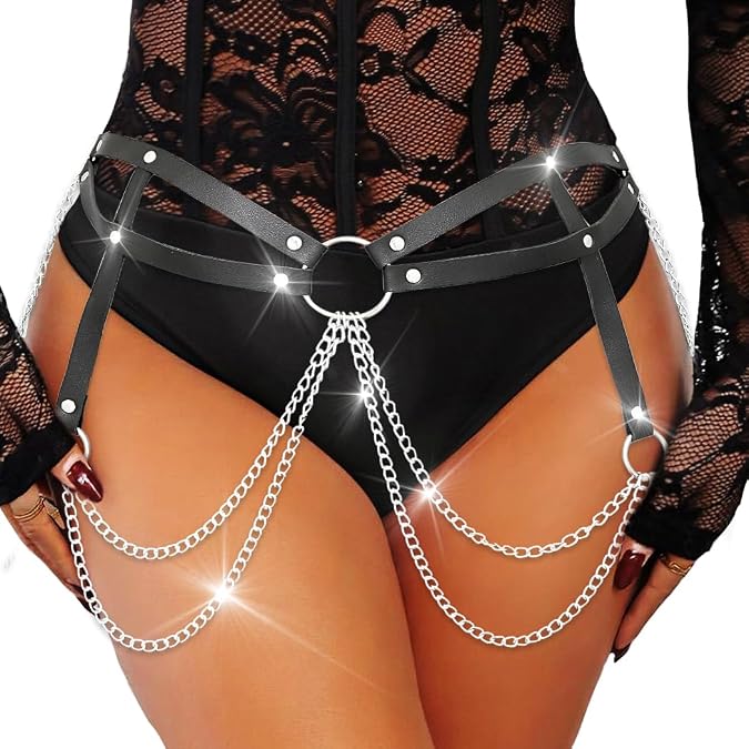 Urieo Punk Waist Chain Belt Black Leather Rave Body Accessories for Women