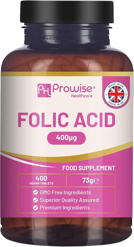 Folic Acid Tablets 400 mcg - 400 Vegan Vitamin B9 Tablets | 13 Month Supply | Vitamin B9 Pregnancy Care | Normal Function of Immune System & Maternal Tissue Growth During Pregnancy | UK Made Prowise