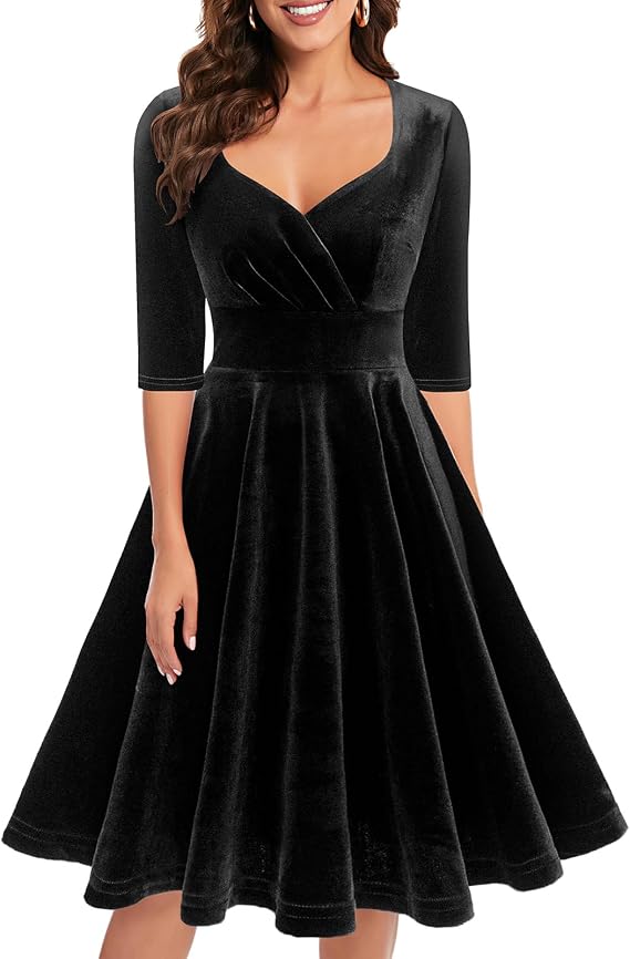 Bbonlinedress Womens Velvet Long Sleeve Formal Wedding Guest Vintage Cocktail Holiday Party Midi Dress