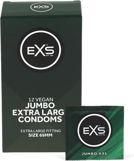 EXS Jumbo 69mm Large Condoms (12 Pack) Premium Latex XXL Condom for Men with Non-Spermicidal Lube, Straight-Walled with Teat, PETA-Approved, Vegan, 3 Year Life - CE Marked NHS Approved Male Condoms