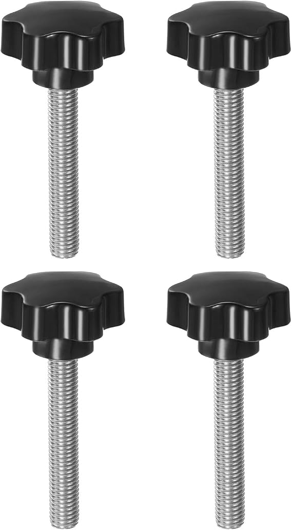 HARFINGTON 4pcs Star Knobs M12 x 80mm 304 Stainless Steel Threaded Stud 46mm Plastic 6-Star Head Hand Tightening Thumb Screw Clamping Jig Knob Handle, Black