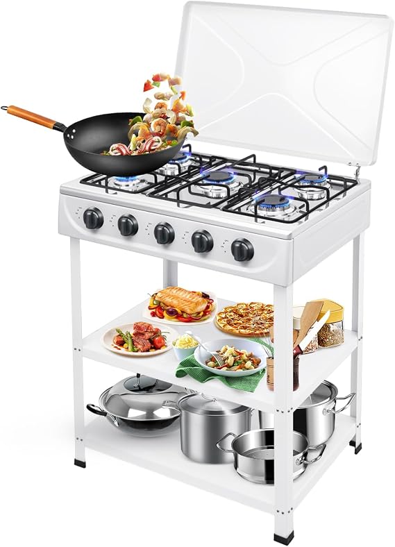 5 Burner Propane Gas Stove,2.5kw Portable Gas Stove With Support Leg Stand And Wind Blocking Cover Adapter,Manual Ignition Camping Stove,Heat Resistant for RV, Apartment,Outdoor Cooking