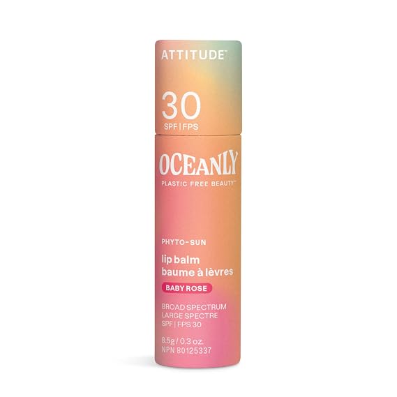 ATTITUDE Oceanly Tinted Lip Balm with SPF 30, EWG Verified, Plastic-Free, Broad Spectrum UVA/UVB Protection with Zinc Oxide, Vegan, Unscented, Baby Rose, 0.3 Ounce