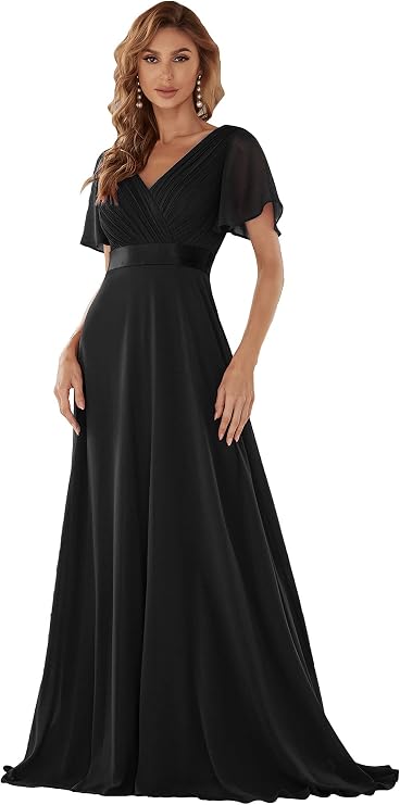 Ever-Pretty Women's Double V-Neck Short Flutter Sleeves Empire Waist Elegant Chiffon Long Evening Dresses 9890