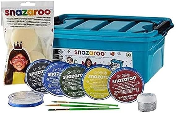 Snazaroo Beginner's Make-Up Case, 6 Colours & Glitter Gel with 3 Brushes, 2 Sponges & Make-Up Book