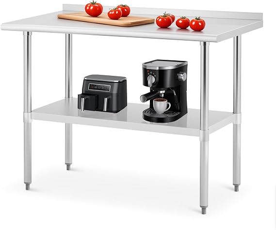 Stainless Steel Prep Table with Backsplash & Adjustable Shelf, 2-Tier Shelf 24"x48"NSF Certified Metal Commercial Work Table, Anti-Rust & Easy to Clean for Home Restaurant Hotel