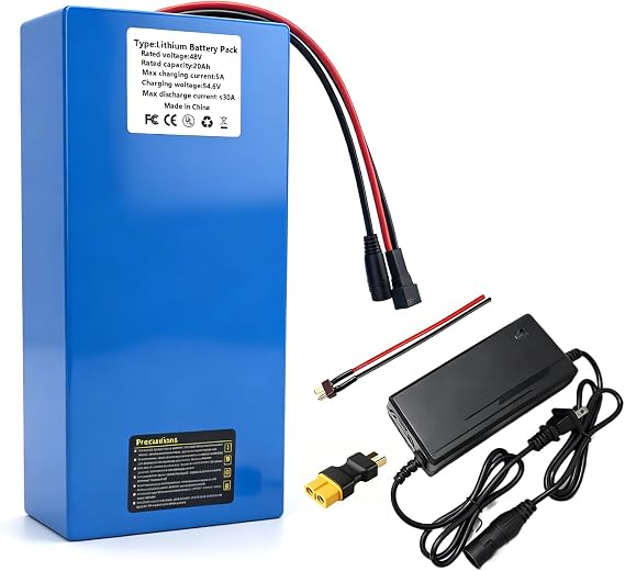 48V 20Ah Battery with 30A BMS, XT60/T Plug Adapter, Waterproof PVC Layer for 250w-1000w DIY Projects