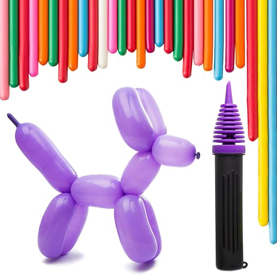 Balloon Animal Refill Pack 200 Twisting Balloons with Double Action Hand Pump for Balloon Animal Kits, Party Refills, Balloon Modeling & Sculpting for Kids