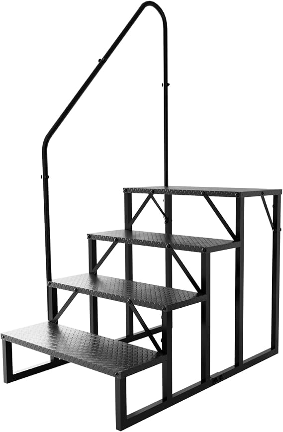 Step Ladder, Heavy Duty Pool Ladder Above Ground 660Lbs, Camper Steps Outdoor Steps RV Stairs for Reaching High, Portable Home Stairs for Travel Trailer (4 Step with 1 Handrail)