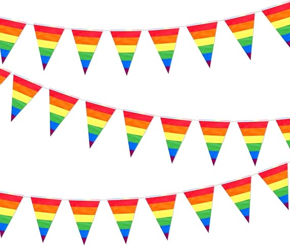 26.2FT Pride Bunting Flags, Pride Decorations, 25 Rainbow Stripes Triangle Flags Banner, Pre-Threaded Weatherproof Bunting for LGBTQ Gay Party Supplies, Festivals Celebrations, Home, Garden Decor