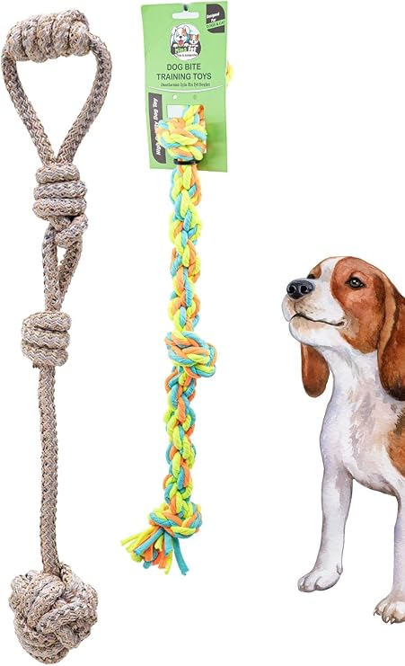 Köpek Oyuncağı Renkli Çekiştirmeli Halat Pamuk - Köpek Isırma Kemirme Oyuncağı Top Diş İpi (1 ADET, 2'Li Oyuncak Seti)