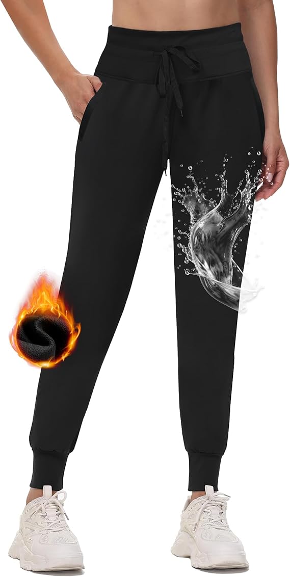CAMPSNAIL Women's Fleece Lined Joggers,Water Resistant Thermal High Waist Warm with Pockets
