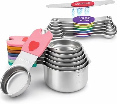 Magnetic Measuring Cups & Spoons Set, Strong N45 Magnets, Heavy Duty Stainless Steel Fits in Spice Jars for Baking & Cooking, BPA Free, Round Set of 15 with Leveler, Colorful