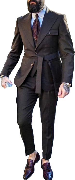 New Mens Belted Tuxedo with a Belt Grooms 2 Piece Shades of Brown Wedding Suit