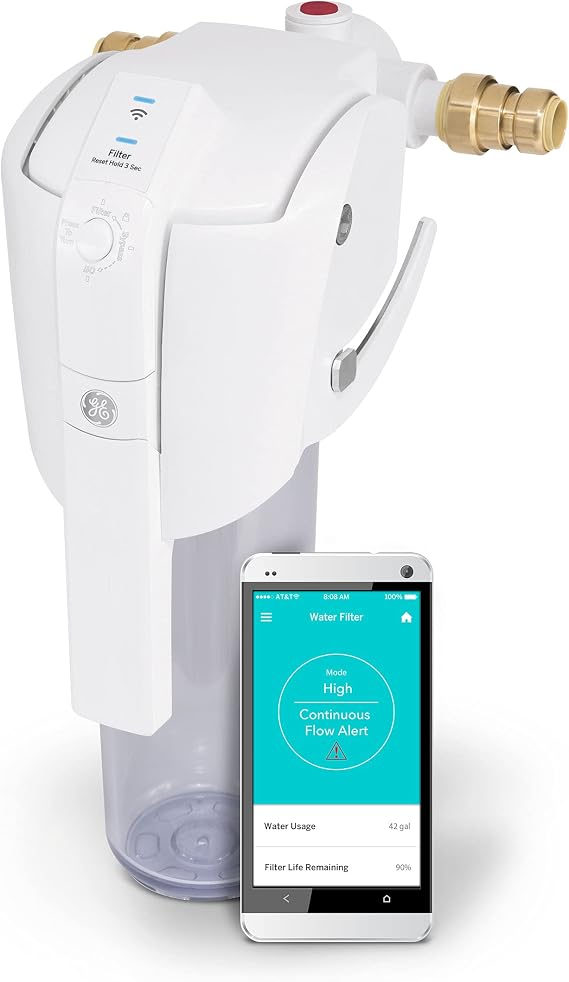 GE Smart Whole House Leak Detection Water Filtration System | Reduces Sediment, Rust & More | Install Kit Included | Filter Not Included | Replace Filter (FTHPM, FTHTM, FTHLM) Every 3 Months | GXWH70M
