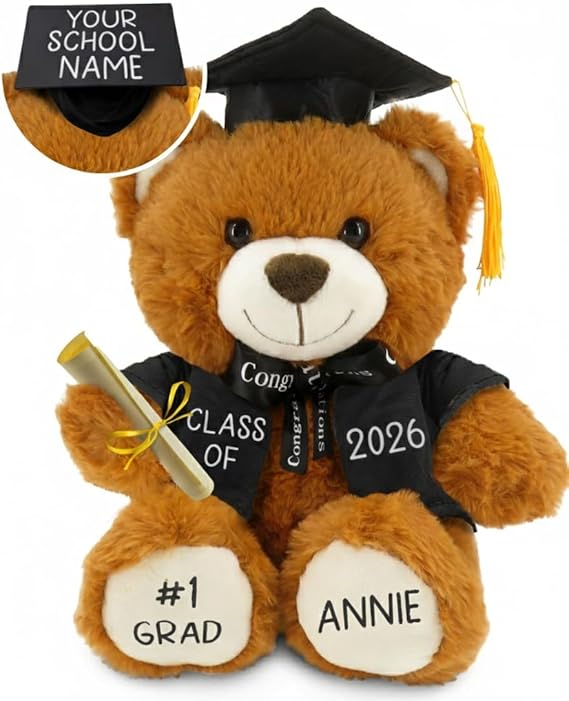 Printualist Personalized Graduation Teddy Bear Gift 2026 for Her Him, College, High School, 12 Inch - Cute Custom Brown Bear with Black Gown Add Your Name and Year on the Feet