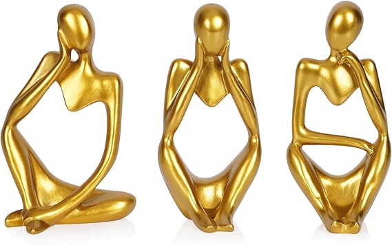 Sandstone Resin Thinker Statue Style Abstract Sculpture, Gold, 3pcs