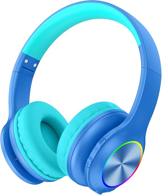 Candy Bila Kids Bluetooth 6.0 Headphones with LED Light, 85Hours Playtimes, Type-C Fast Charging, 85/94dB Volume Limited, Comfort Wireless Headphones with Built-in Mic, Wired & TF Card Mode, Blue