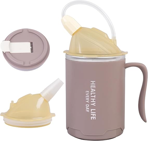3 in 1 Spill Proof Adult Sippy Cup, 13.5oz Stainless Steel Drinking Mug with 2 Lids & Long Straw, Leak Proof Hospital Cup for Elderly, Bedridden Patients, Pregnant Women & Disabled,Brown