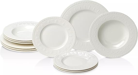 Villeroy & Boch Cellini 12 Piece Dinnerware Set, White, Service for 4 | Premium porcelain dinnerware set, made in Germany, dishwasher and microwave safe, has Renaissance-inspired elegance