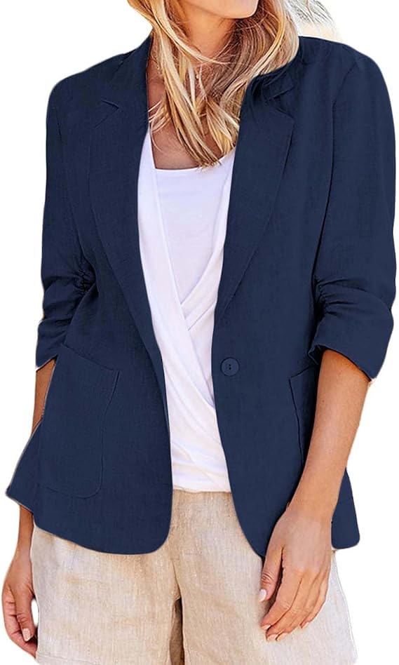 Womens Linen Blazers 3/4 Sleeve Lightweight Business Casual Professional Suit Jackets Button Open Front Work Outfits