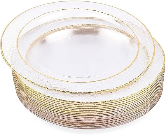 MATANA 20 Premium Clear Plastic Dessert Plates with Gold Rim, 19cm / 7 Inch - Elegant & Reusable Small Side Plates, Starter Plates for Weddings, Birthdays, Picnic, Parties