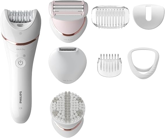 Philips Epilator Series 8000, Cordless Wet and Dry Epilator for Legs and Body, Hair Removal Device, with 8 Accessories, Shaver, Trimmer and Body Exfoliator, Model BRE735/01