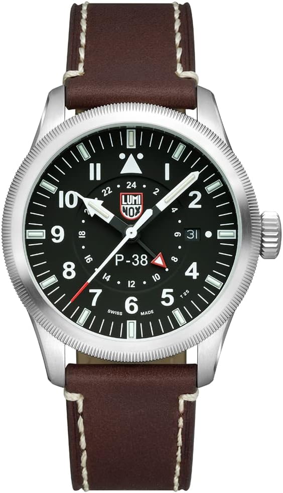 Luminox P-38 Lightning XA.9521 Mens Watch 42mm - Pilot Watch in Brown/Black Date Function Second Time Zone 100m Water Resistant Sapphire Glass