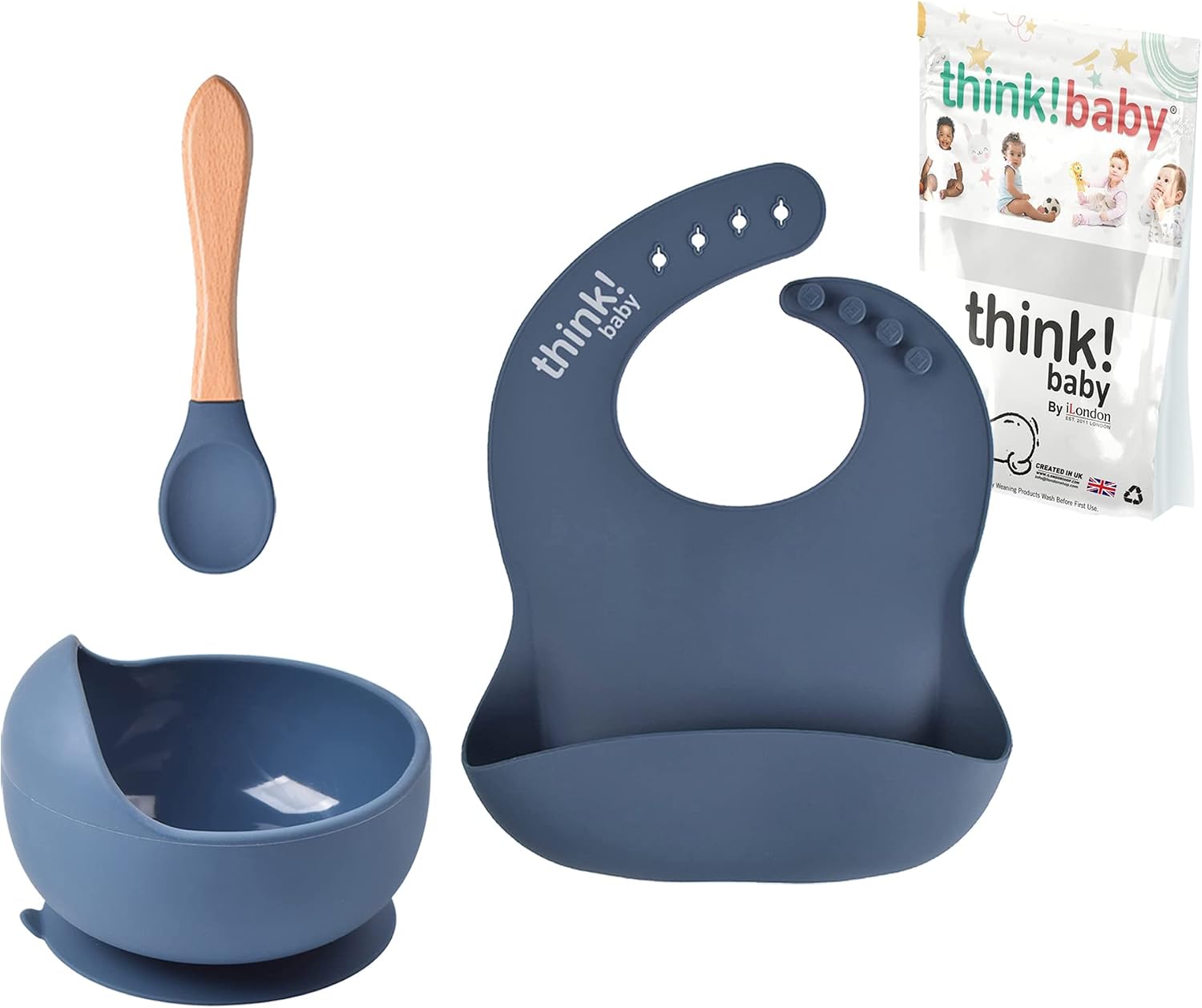 Think Baby ® Plastic free Anti Slip Bowl Bib & Spoon set - Created in UK - BPA Free Non Toxic - Silicone & Bamboo Weaning Set - Improved Design High Suction - Food Grade Baby Weaning set 1 Pack